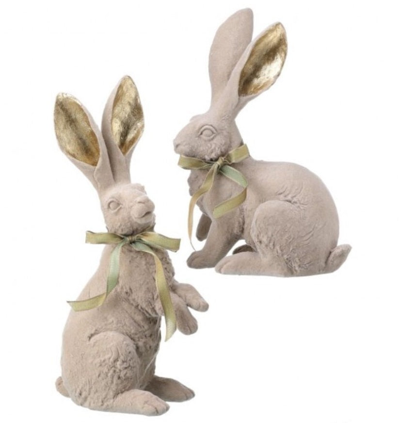 Flocked Resin Bunny Rabbit With Bow, Taupe & Gold, 2 Style Options (Pi ...