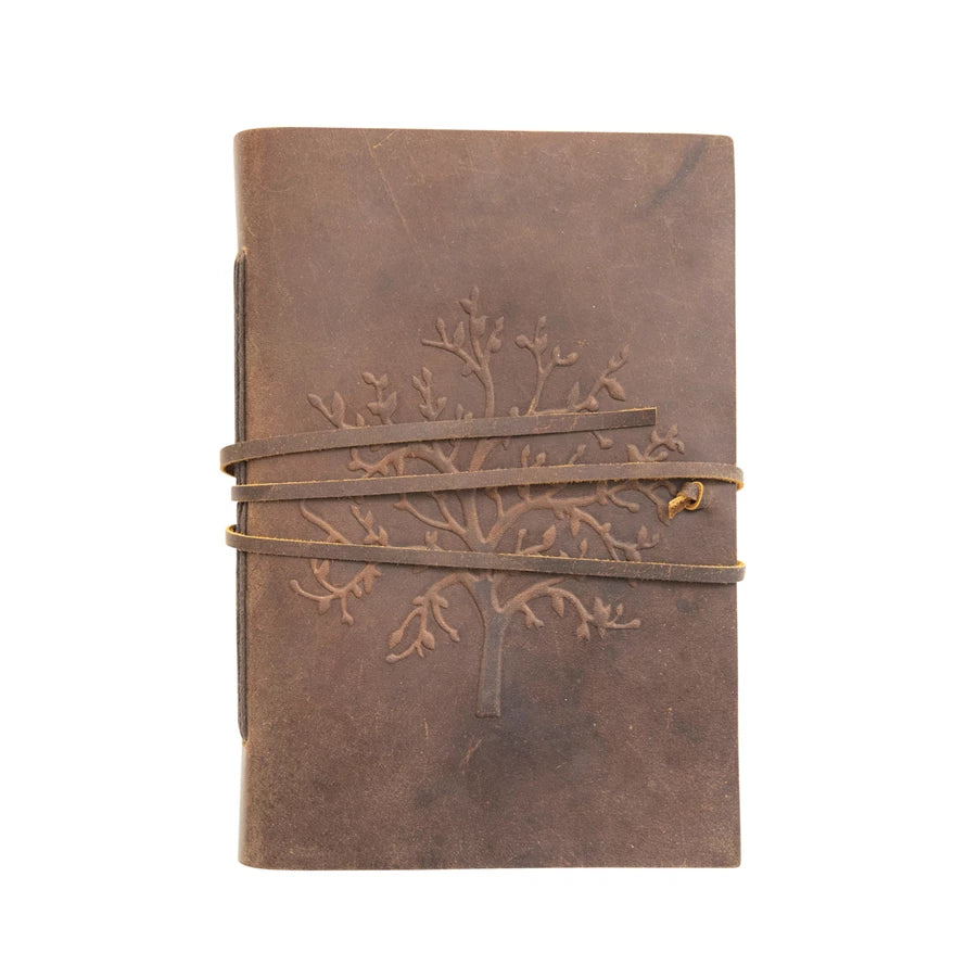 Leather Bound Journal With Handmade Paper, Embossed Tree & Tie
