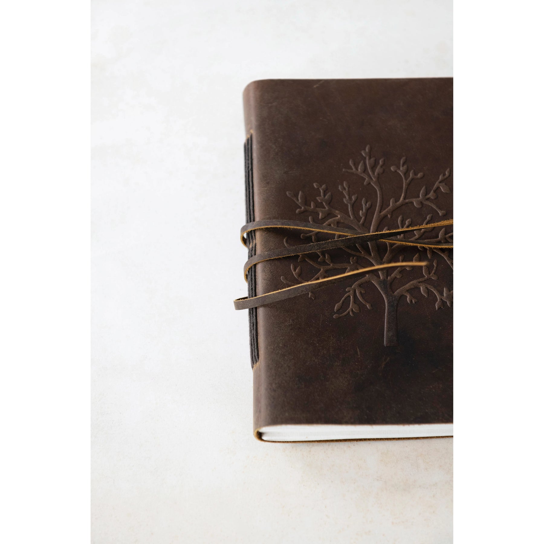 Leather Bound Journal With Handmade Paper, Embossed Tree & Tie
