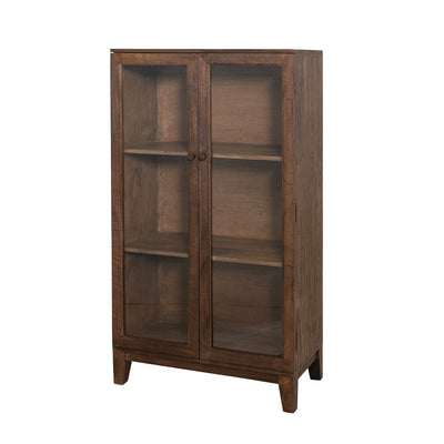 Mango Wood & Glass Cabinet w/ 3 Shelves & 2 Doors, Combed Walnut Finish