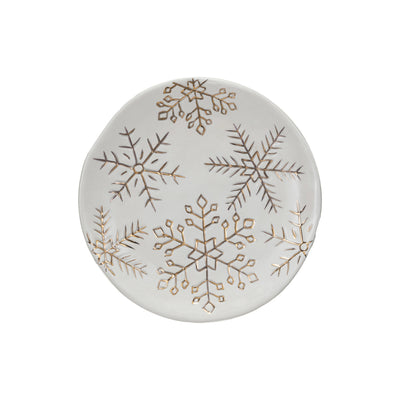 Stoneware Plate w/ Gold Electroplated Snowflakes, White