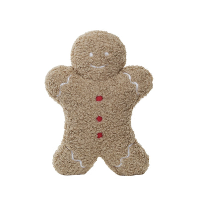 14-1/2"L x 10-1/2"H Fabric Bouclé Gingerbread Man Shaped Pillow, Brown, Red & White