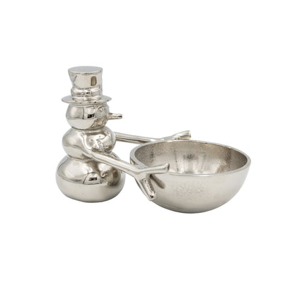 Cast Aluminum Snowman Holding Bowl, Nickel Finish