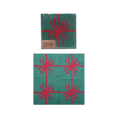 Paper Napkins with Bow, Green & Red (Contains 50 Folded Pieces)