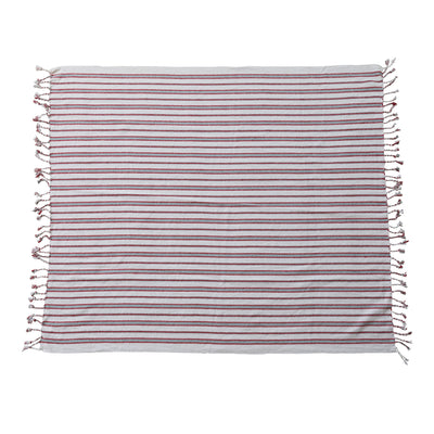 Woven Cotton Striped Throw with Braided Fringe, White, Red & Grey