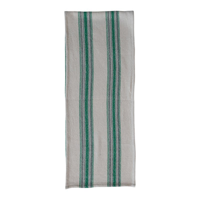 Woven Cotton Flour Sack Table Runner with Stripes, Natural & Green