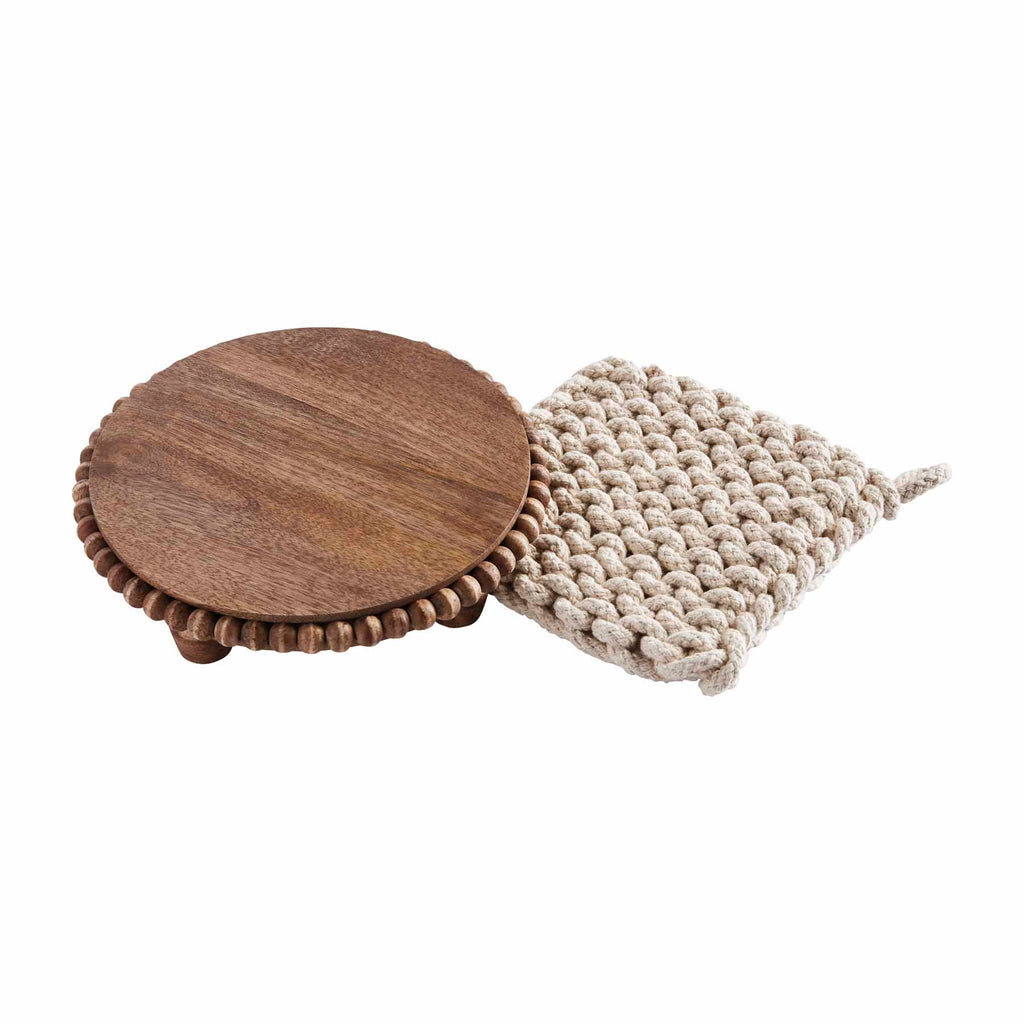Mud Pie Wooden Beaded Trivet with Crochet Pot Holder
