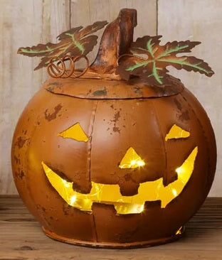 Distressed Metal Pumpkin With Face, Orange, 3 Size Options